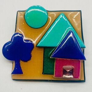House Pins by Lucinda Village Scene Brooch Resin Geometric Art Jewelry 2"